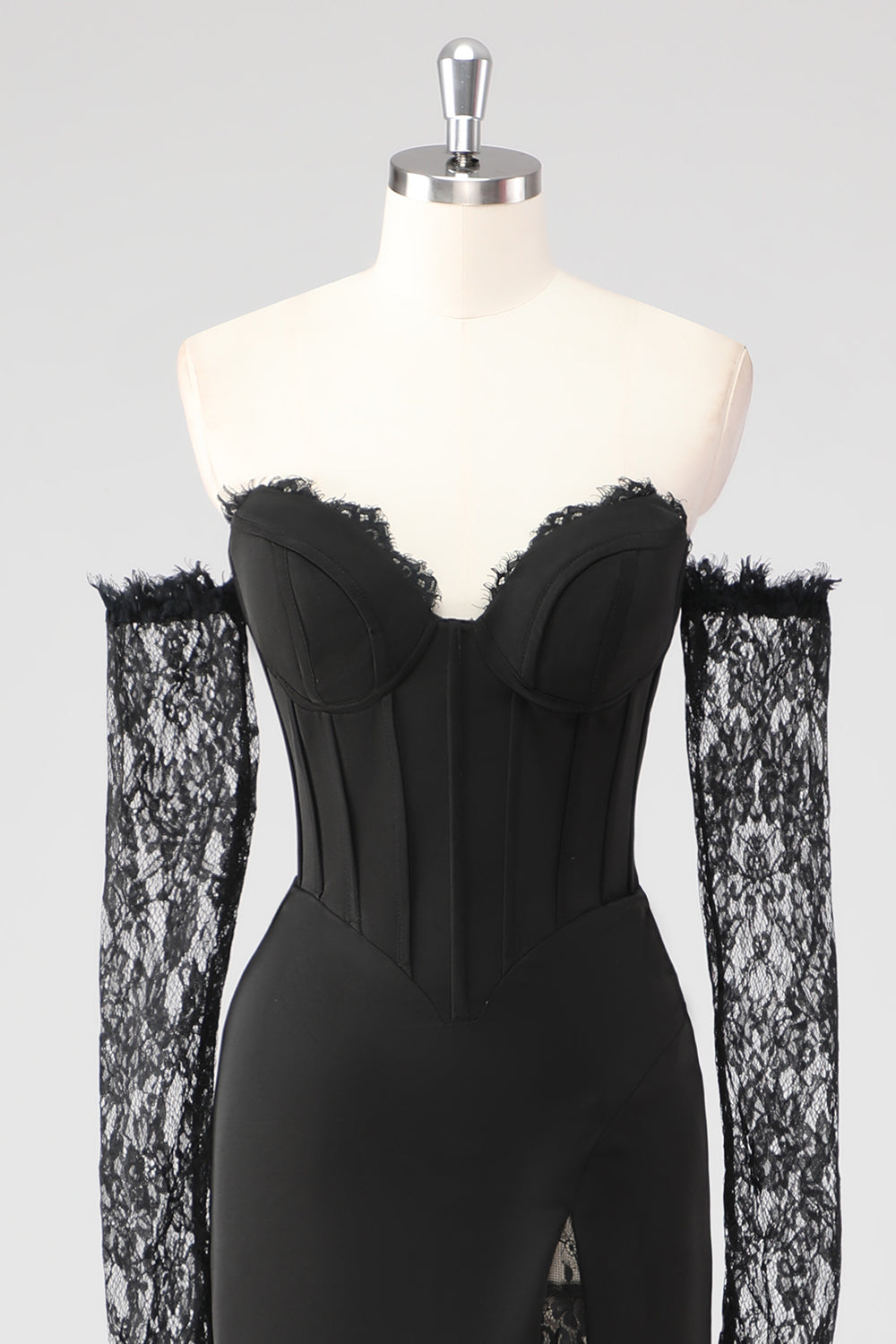 Black Sheath Corset Cold Shoulder Lace Formal Dress With Long Sleeves