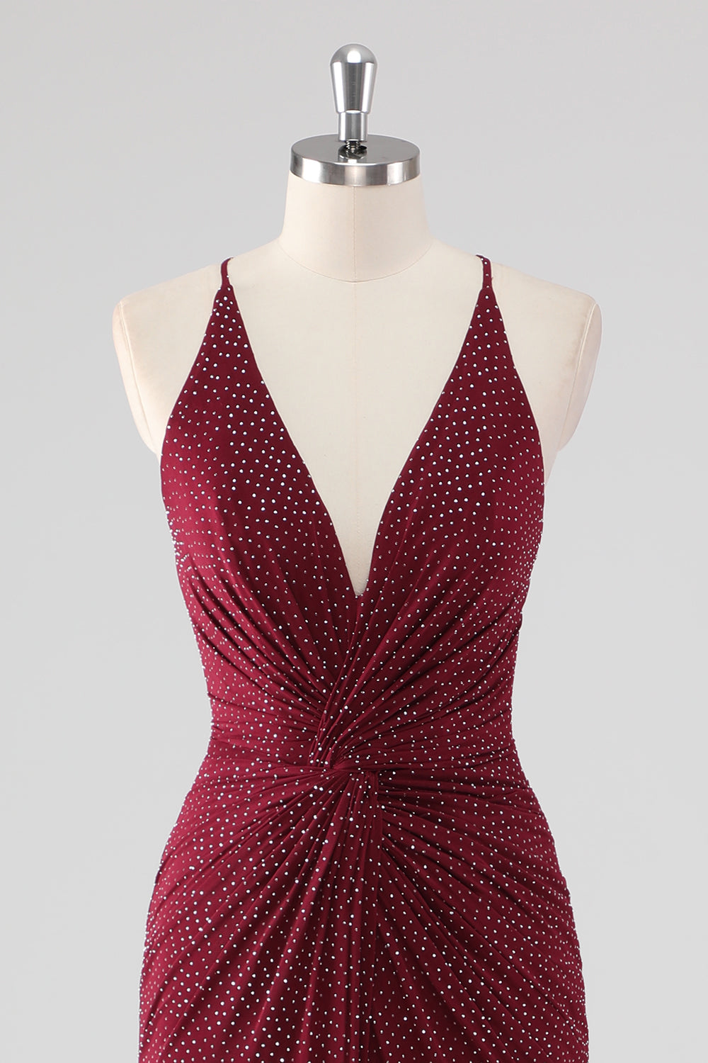 Burgundy Sheath V-Neck Pleated Beaded Backless Long Formal Dress with Slit