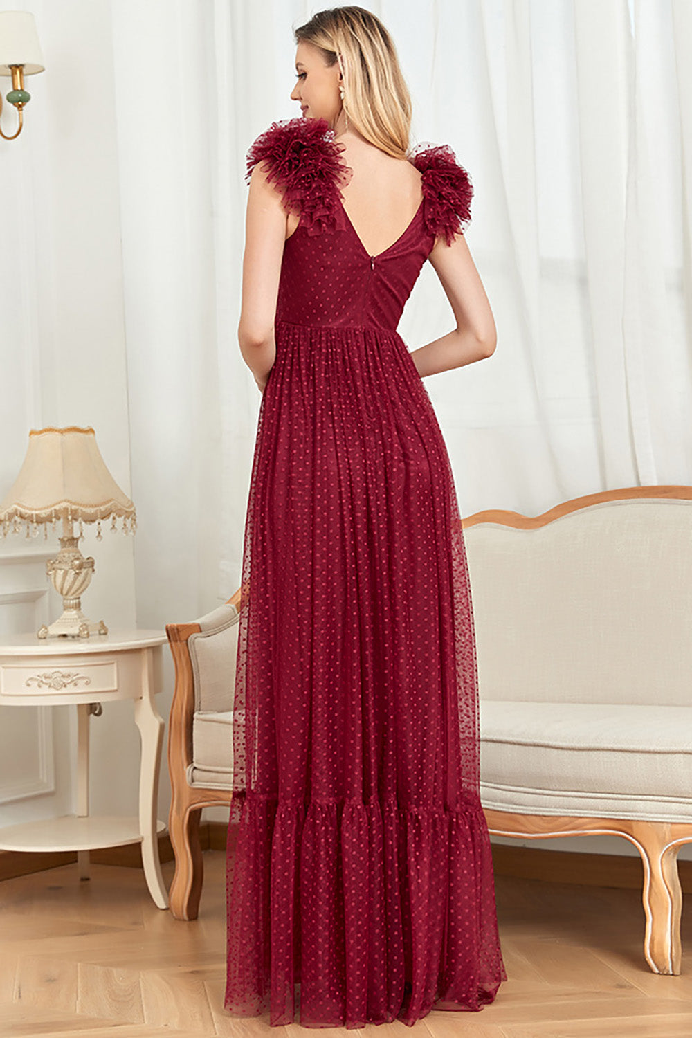 Burgundy A Line V Neck Sleeveless Tulle Prom Dress