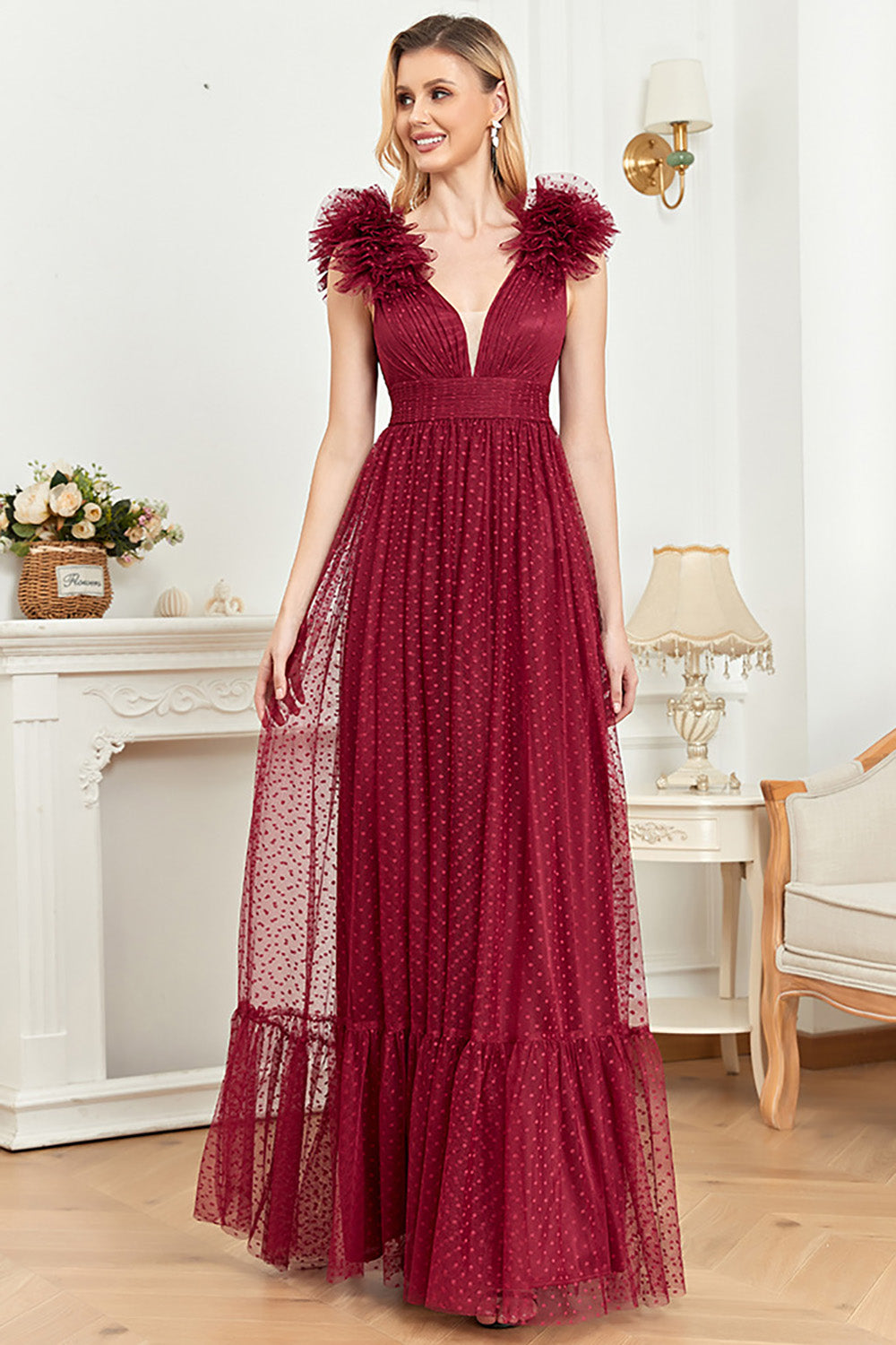 Burgundy A Line V Neck Sleeveless Tulle Prom Dress