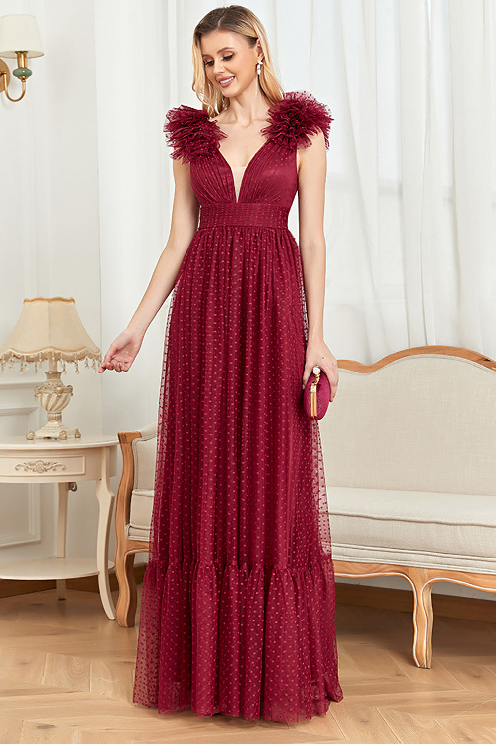 Burgundy A Line V Neck Sleeveless Tulle Prom Dress