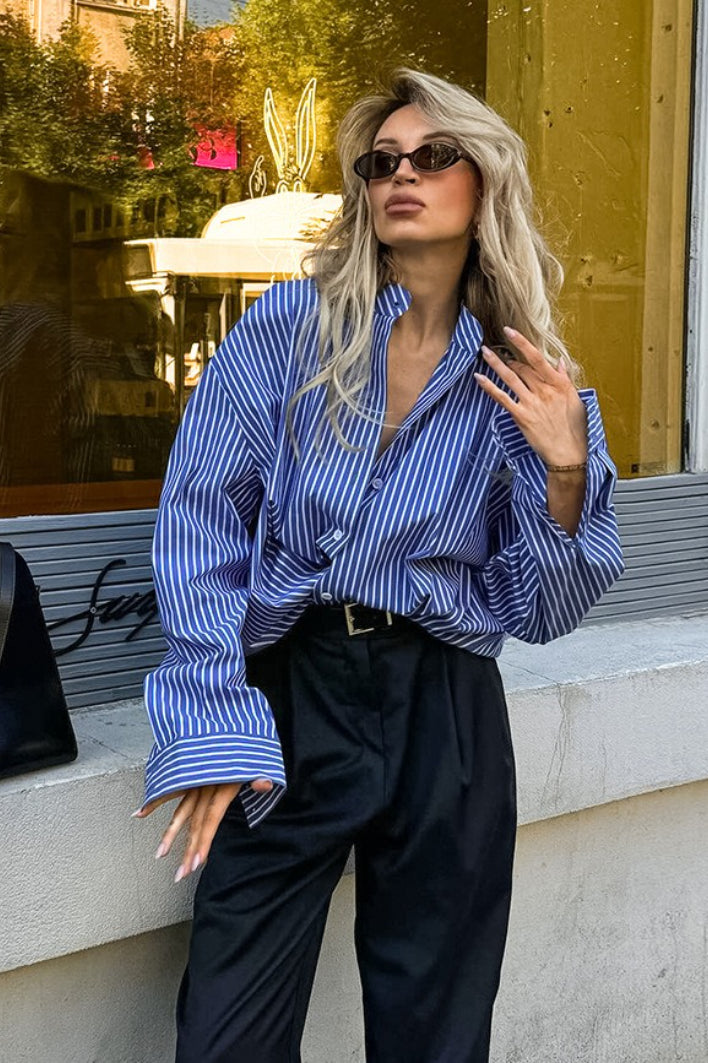 Striped Band Collar Long Sleeve Oversized Button Front Shirt 2