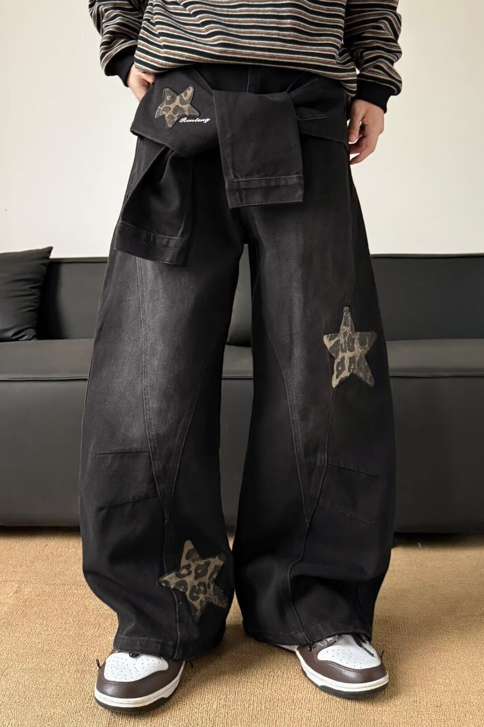 Leopard Star Patch Tie Waist Baggy Wide Leg Denim Jeans 10