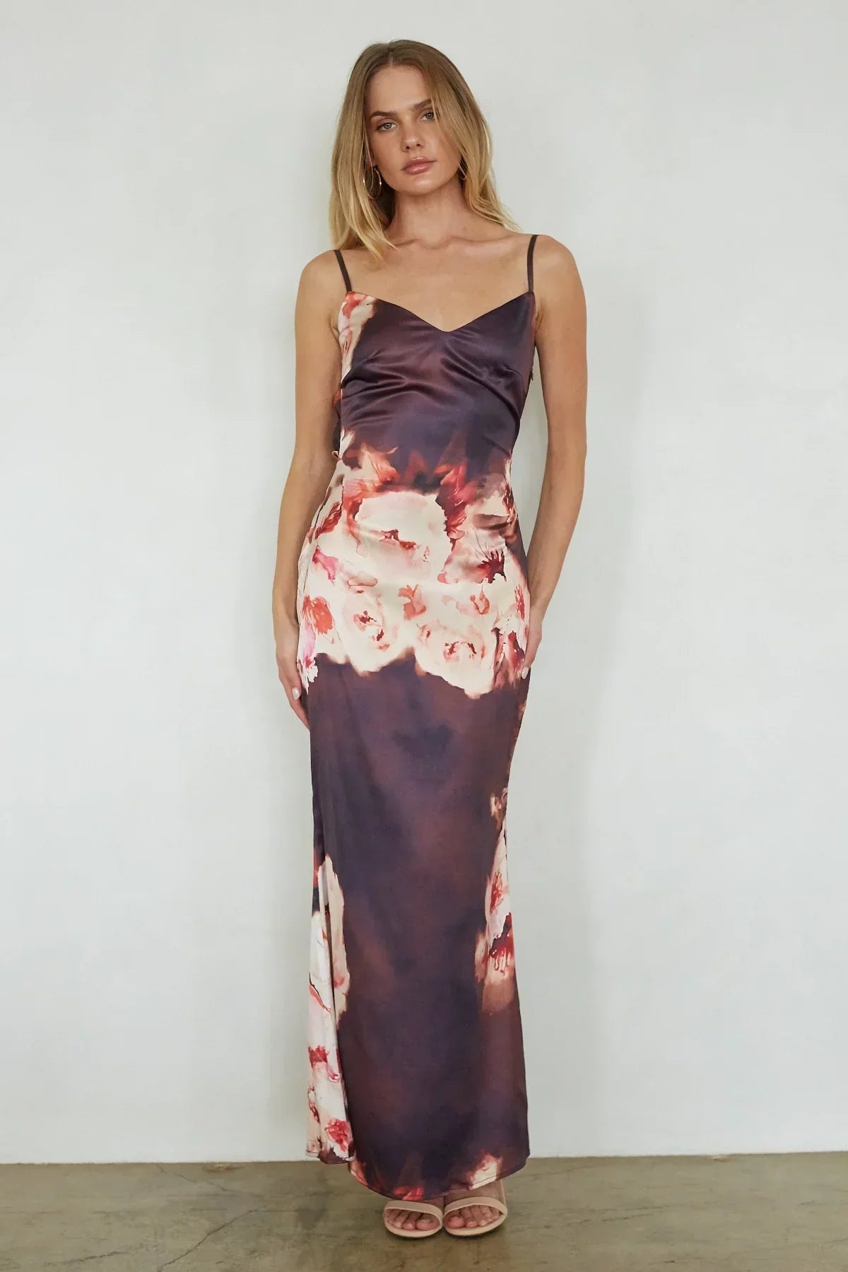 Satin Floral Print V-Neck Cami Bias Cut Maxi Dress 5