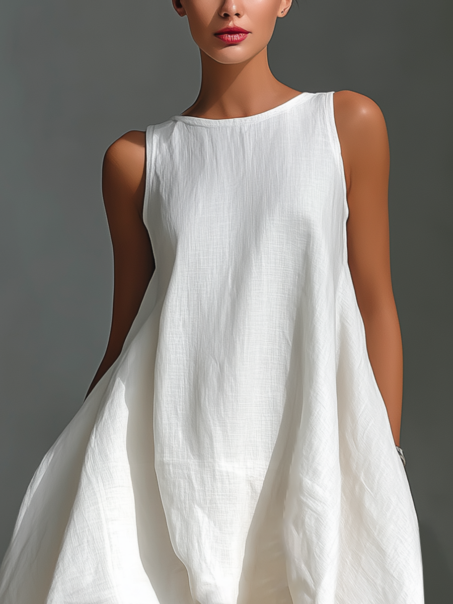 Round Neck Sleeveless High Low Linen Look Midi Dress 6