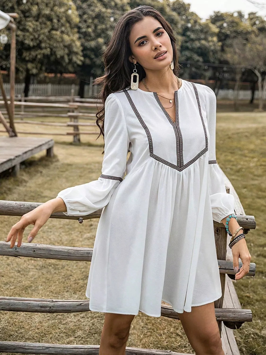 Embroidered Tape Trim Notch Neck Long Sleeve Smock Mini Dress
