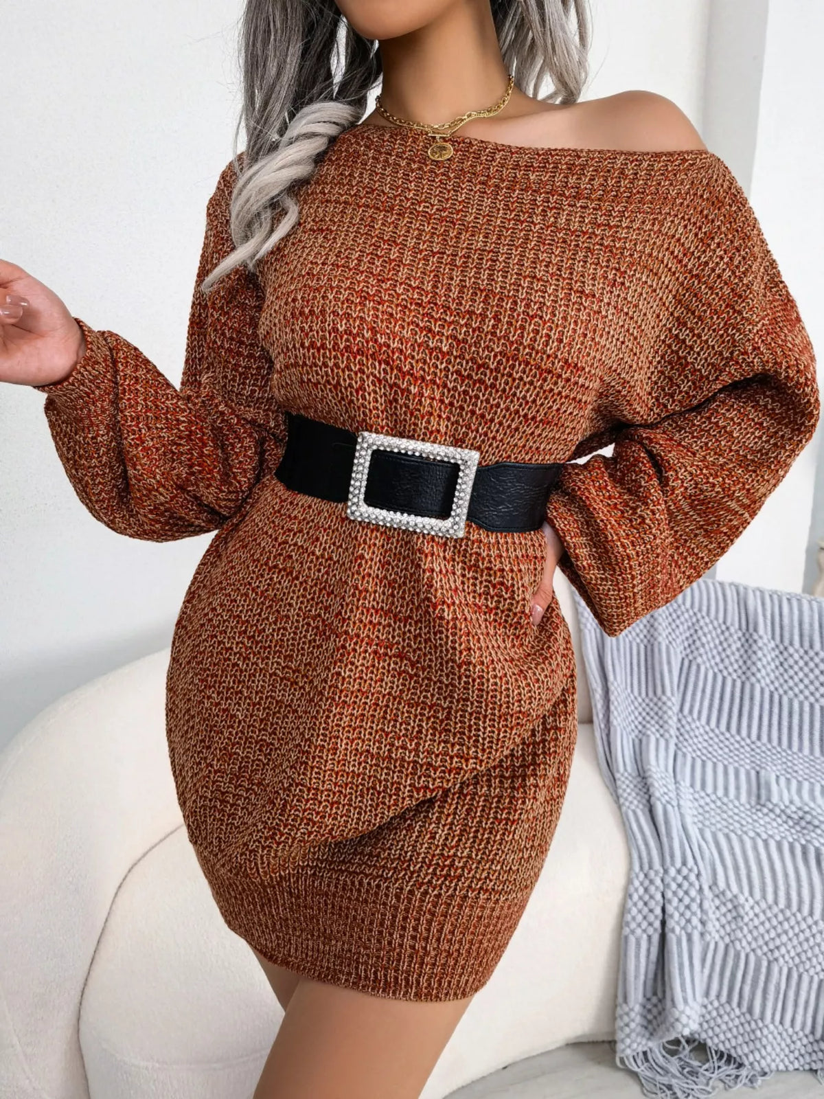 Multi-Color One-Shoulder Sweater Dress