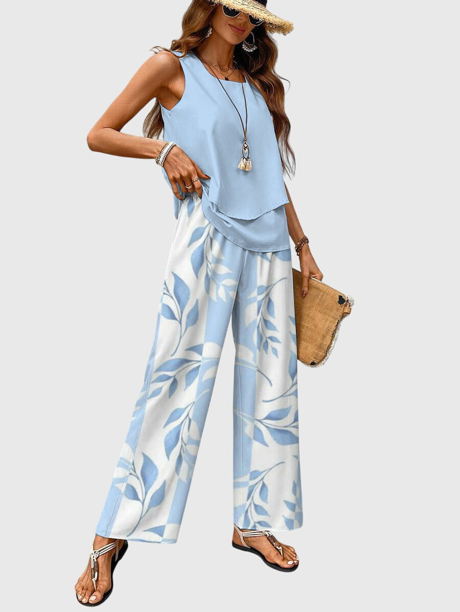 Sleeveless Top and Leaf Print Wide Leg Pants Two Piece Set