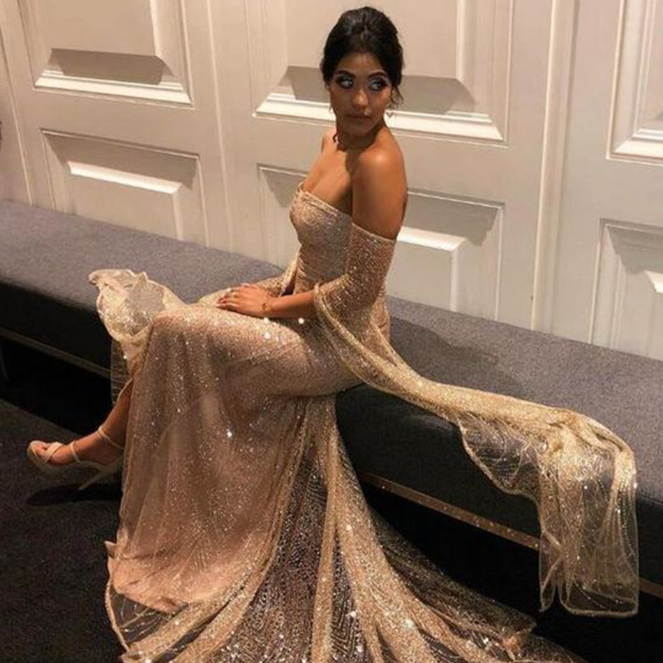 Sequin Strapless Sweetheart Mesh Cut Out Off Shoulder Cape Sleeve High Split Maxi Gown