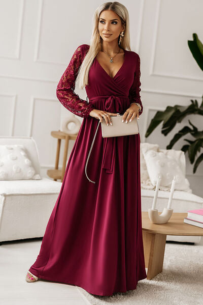 Lace Sleeve Surplice V-Neck Tie Waist Maxi Dress
