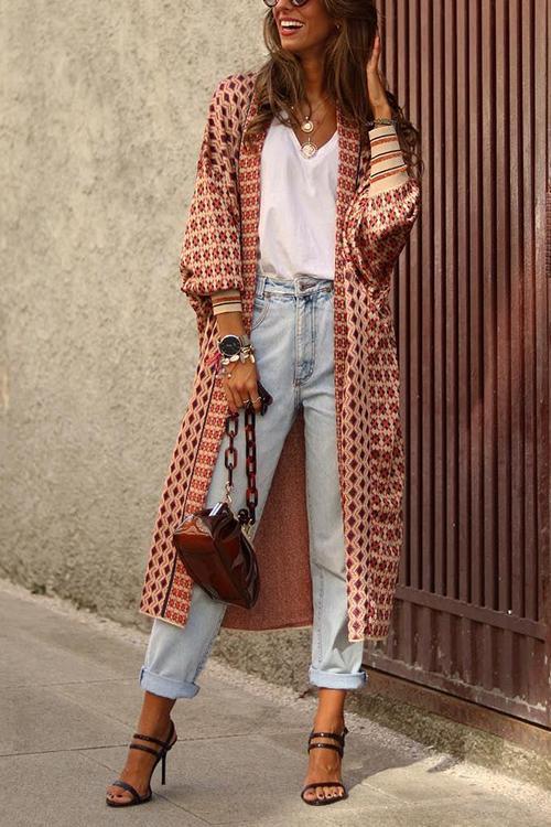 Digital Print Long Sleeve Cardigan Coat