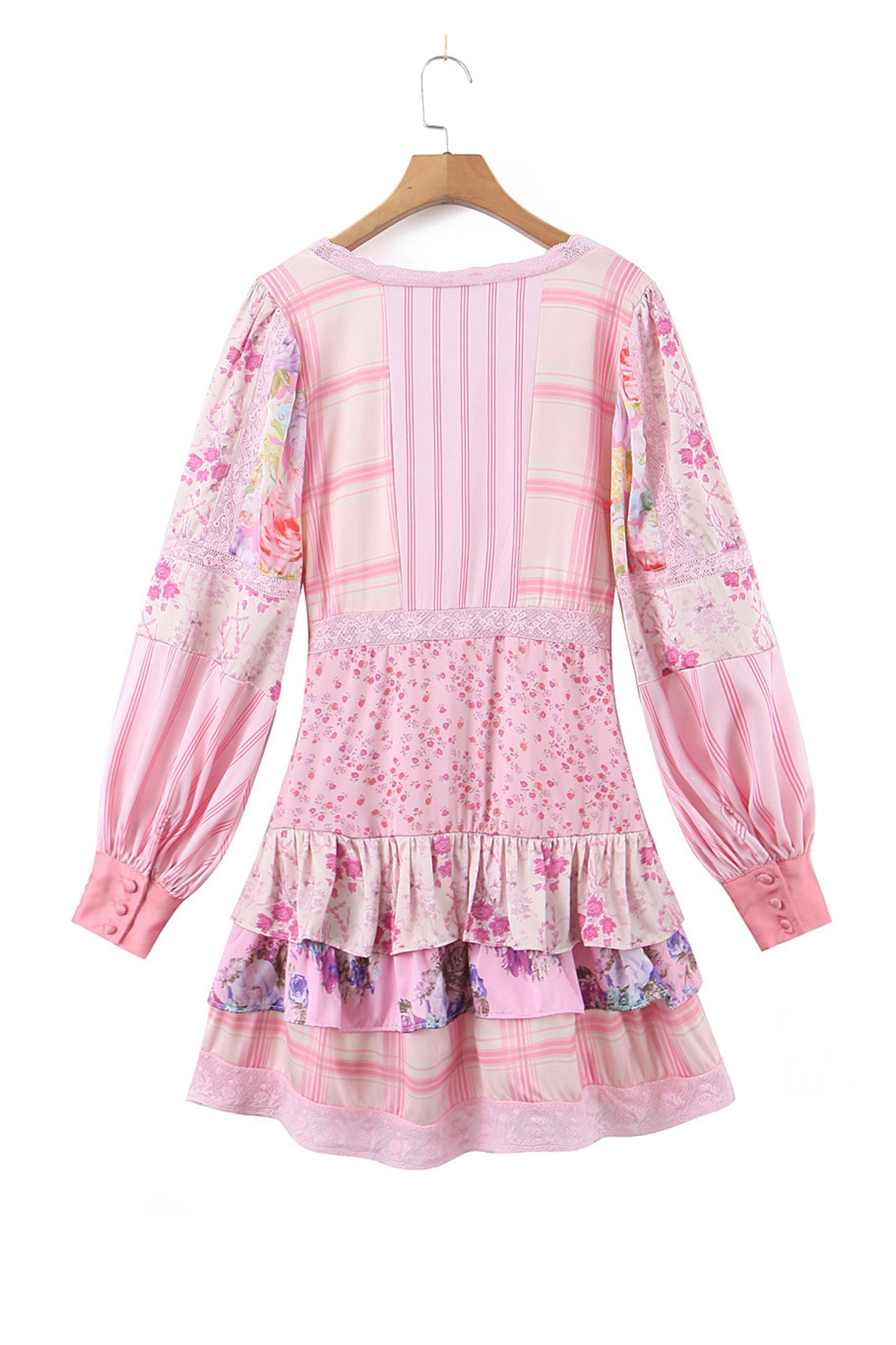 Pink Floral Print Balloon Sleeve Tiered Mini Dress