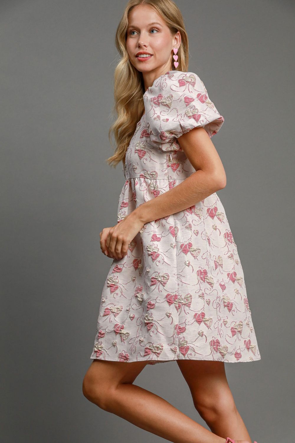 Jacquard Square Neck Puff Sleeve Babydoll Mini Dress