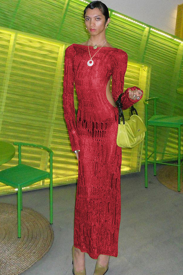Crochet Knit Boat Neck Long Sleeve High Split Maxi Dress 12
