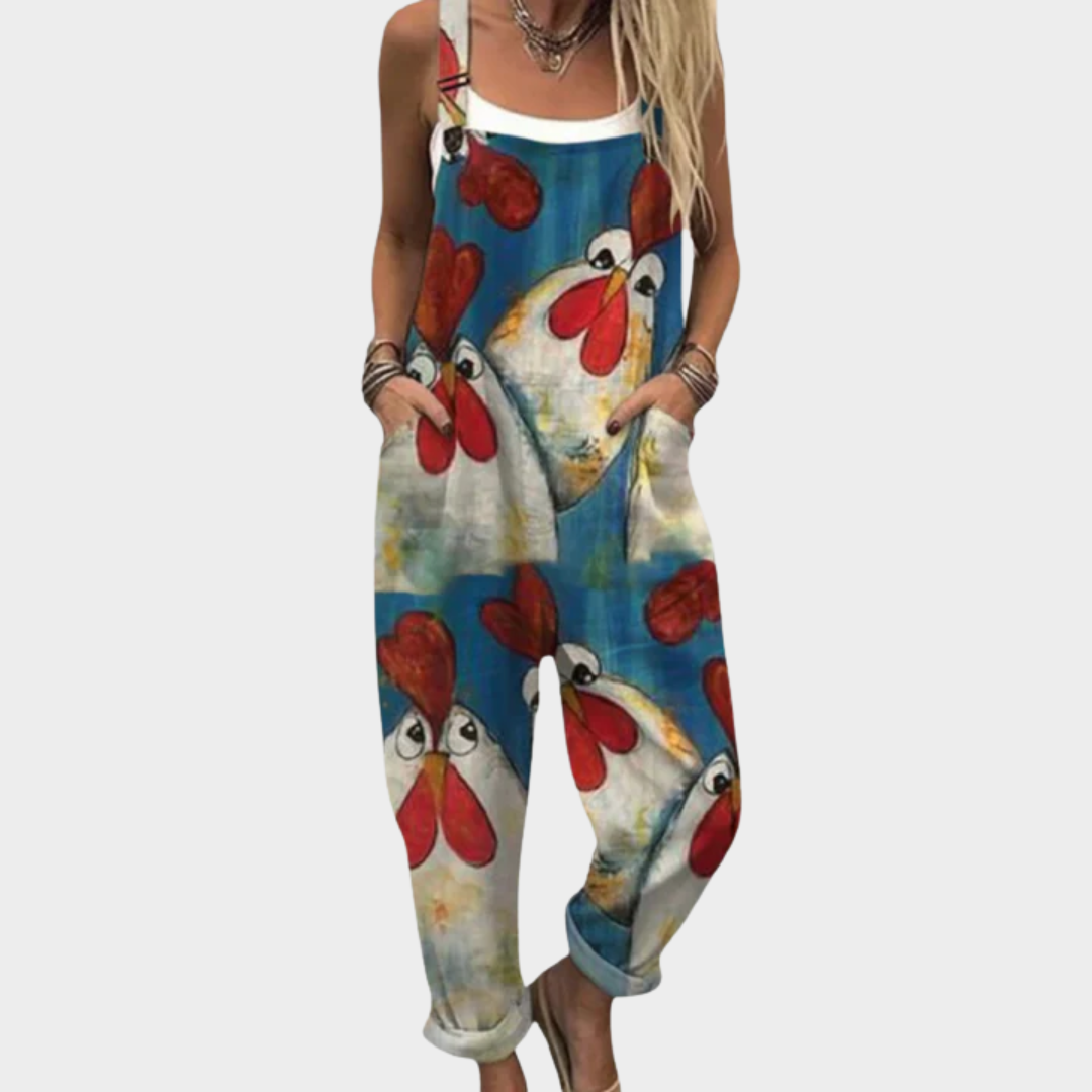 Rooster Print Sleeveless Cuffed Overall Jumpsuit
