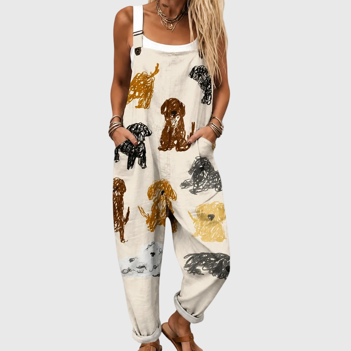 Dog Print Sleeveless Wide Strap Jumpsuit Overalls
