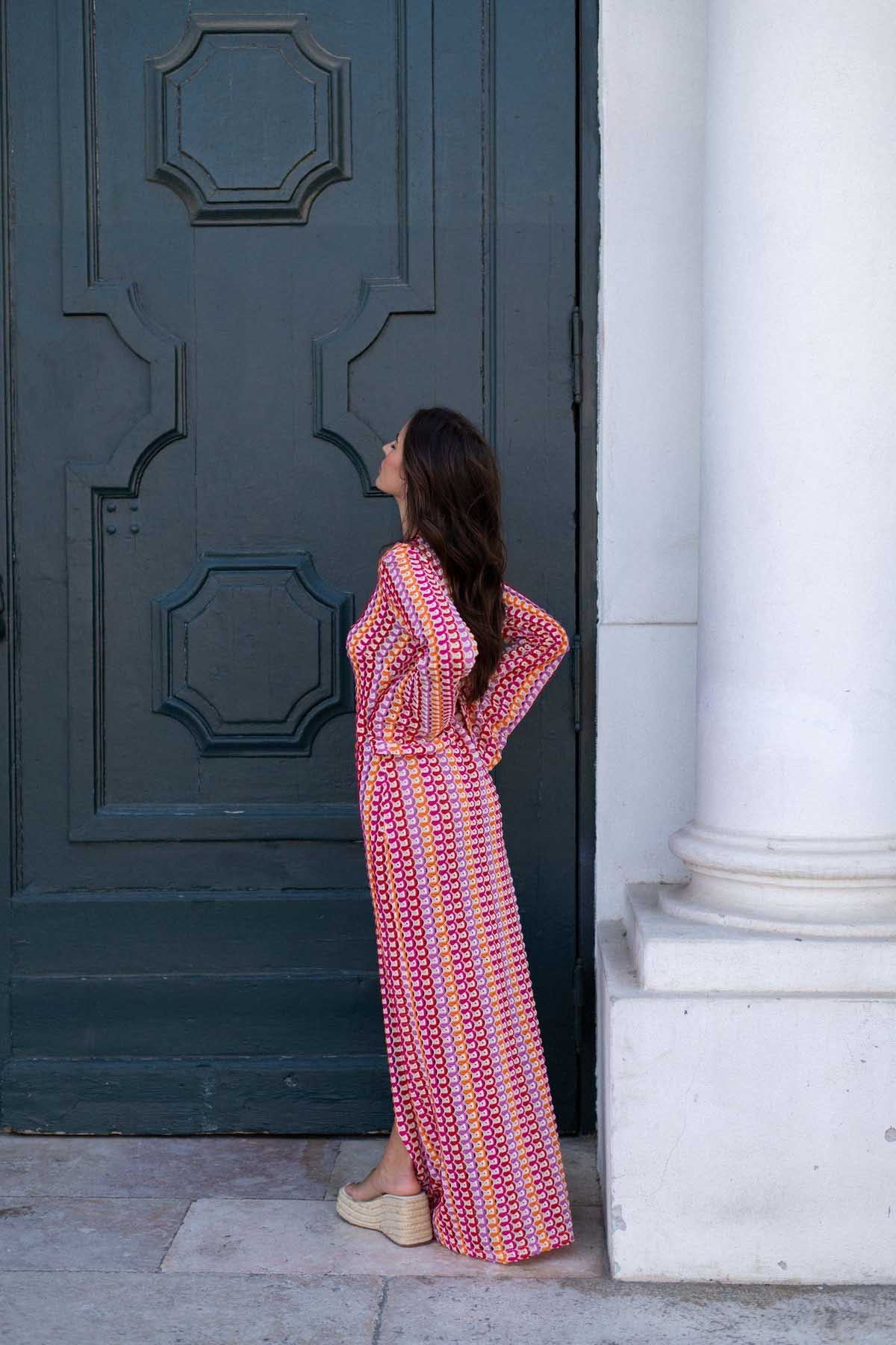 Crochet Deep V-Neck Long Sleeve Striped Boho Maxi Dress