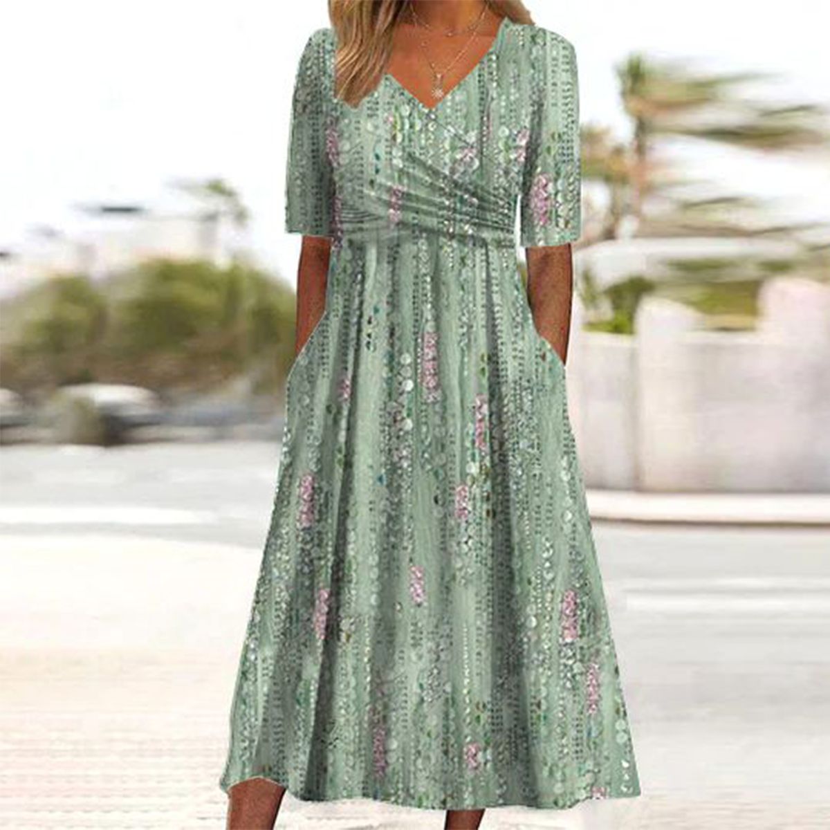 Pristine - Floral Print High-Waist A-Line Dress Green