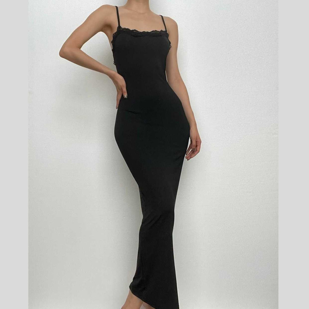 Lace Trim Square Neck Spaghetti Strap Bodycon Maxi Dress