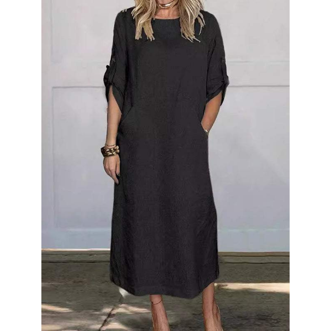 Round Neck Roll Tab Sleeve Pocket Side Slit Shift Maxi Dress
