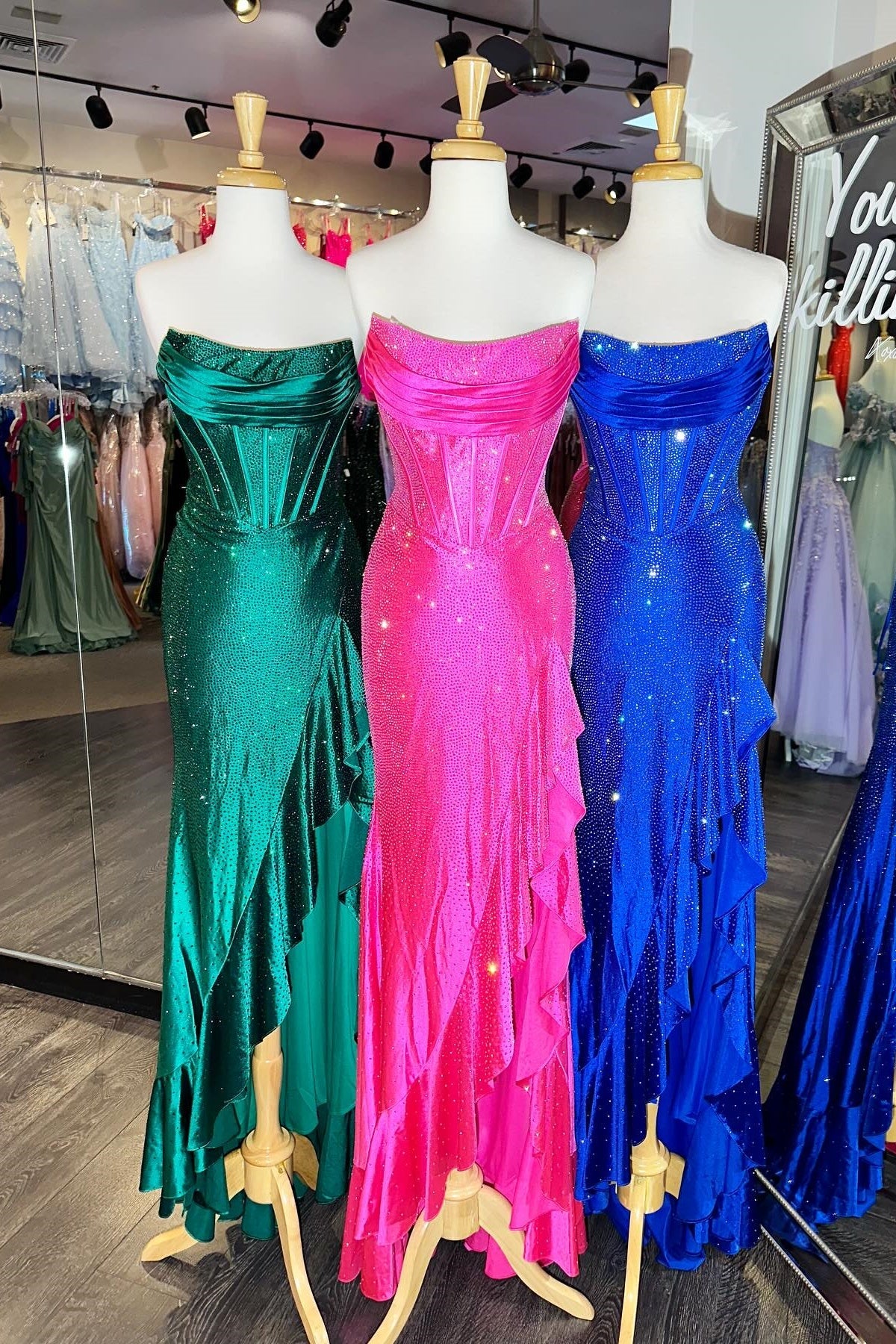 Sparkly Hot Pink Mermaid Strapless Long Beaded Prom Dress with Slit