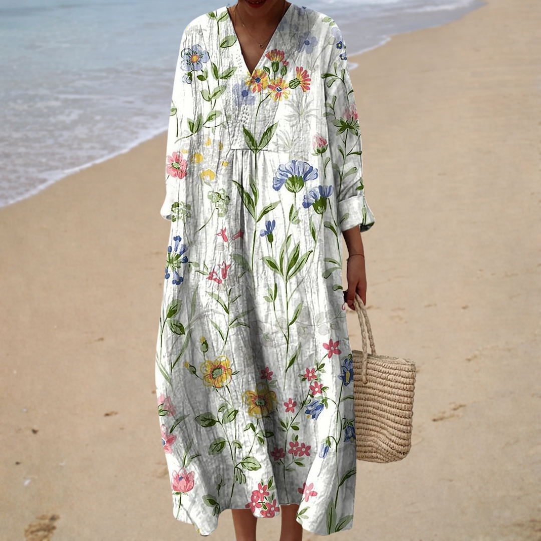 Floral Print V-Neck Long Sleeve Linen Look Maxi Dress