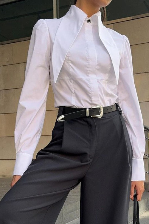 Exaggerated Pointed Collar Long Sleeve Button Cuff Fitted Shirt 2