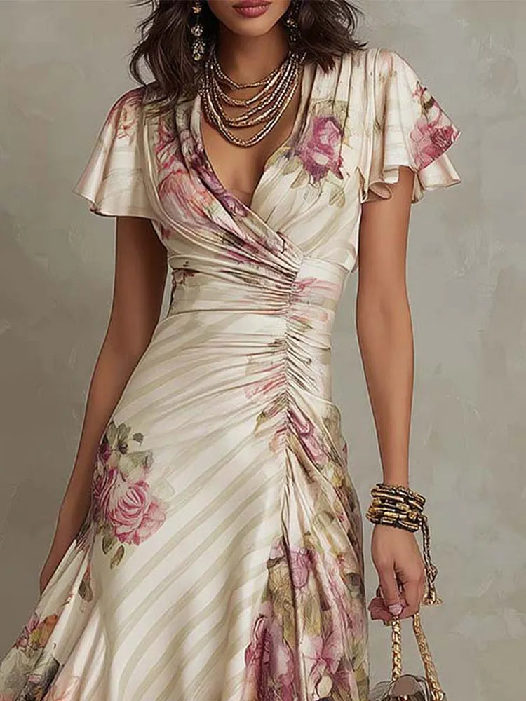 Vintage Floral Chiffon Midi Dress