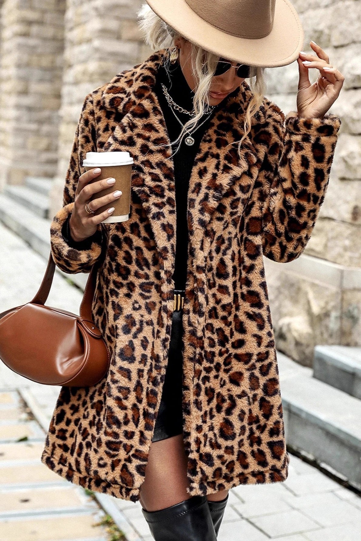 Leopard Print Faux Fur Notch Lapel Longline Coat