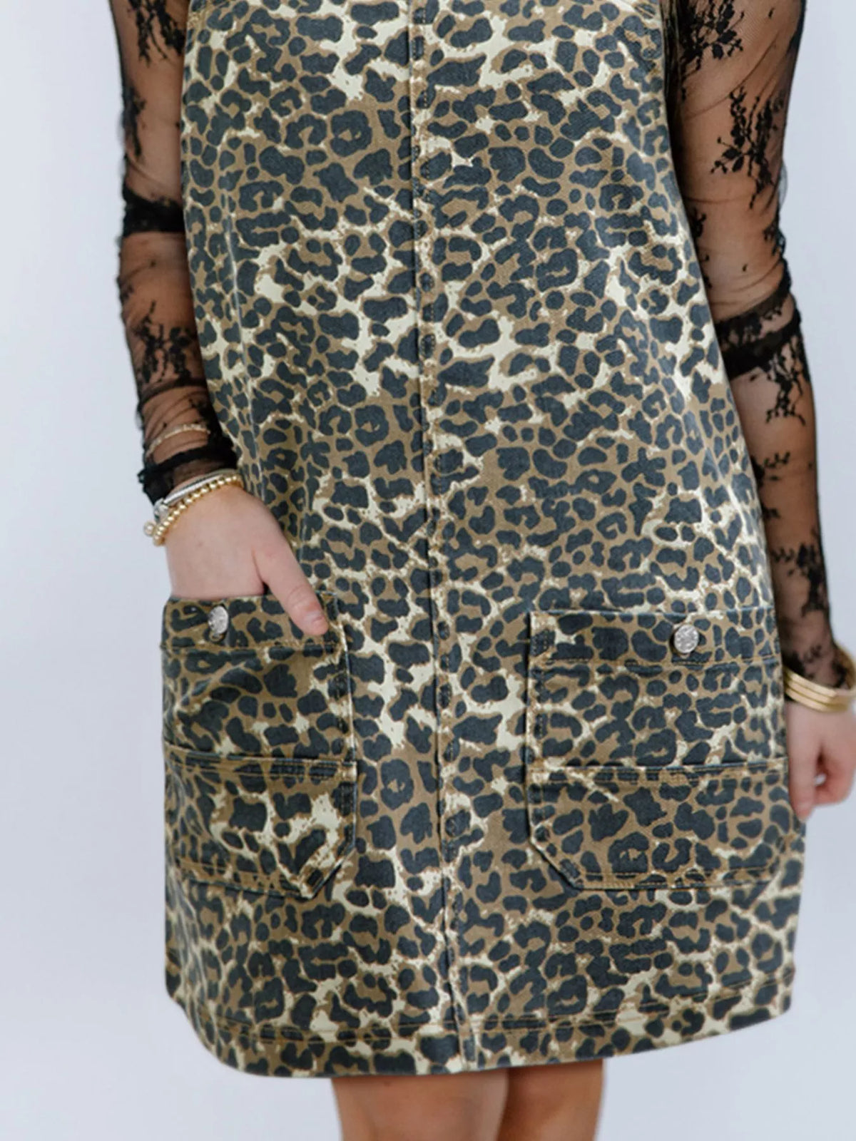 Leopard Print Denim-Look Patch Pocket Overall Pinafore Dress 2