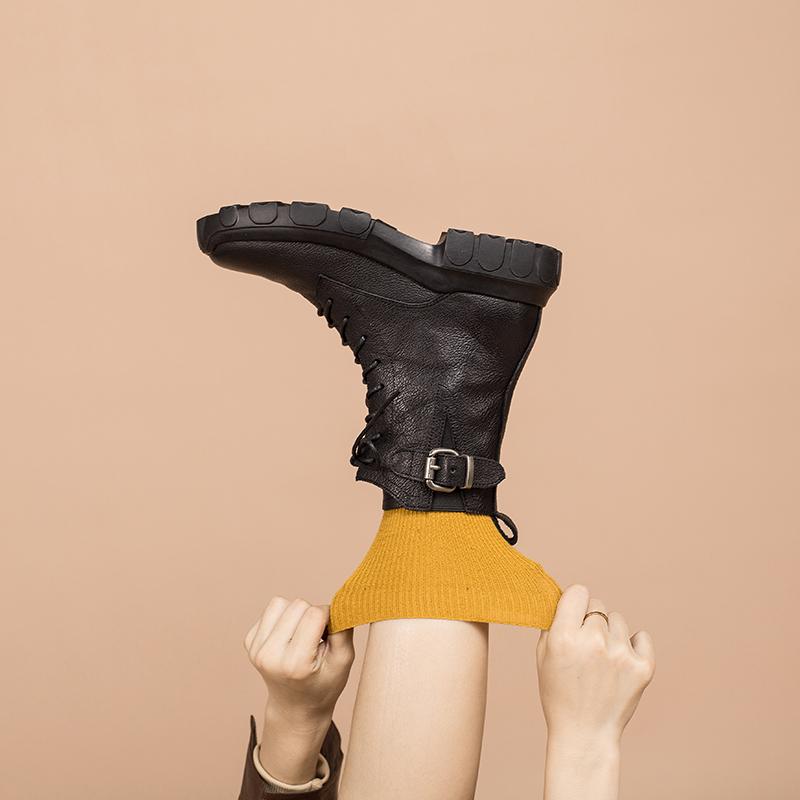 Full grain leather Combat Boots Designer Retro Chunky Riding Boots Side Zip Brown/Black