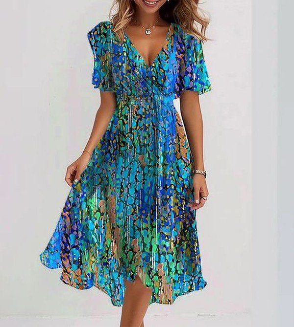 Abstract Print V-Neck Short Sleeve Pleated Midi Dress
