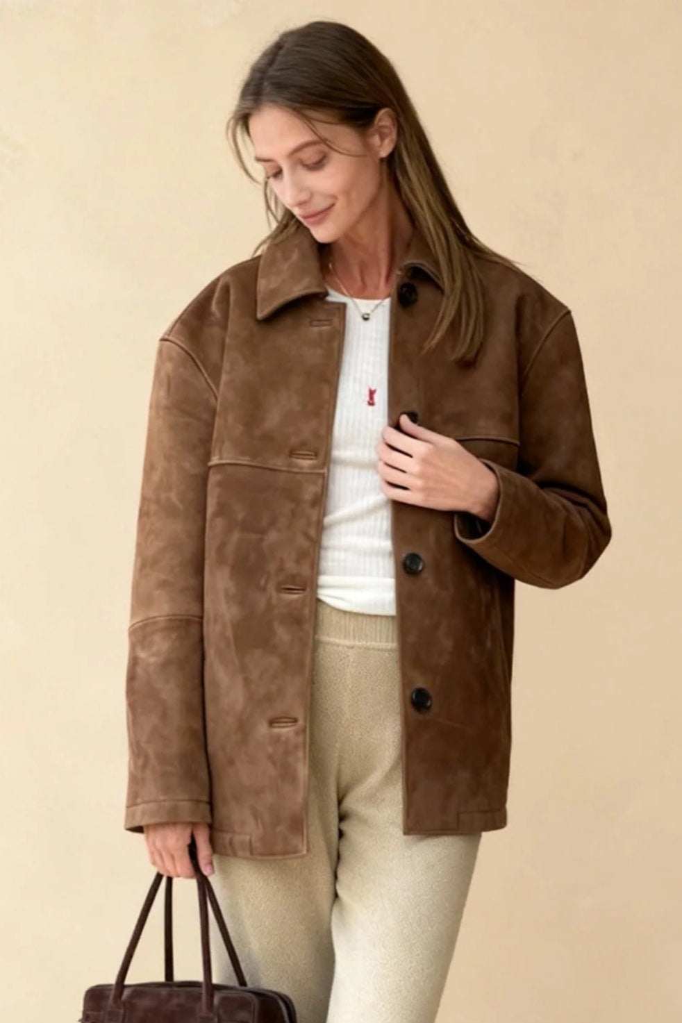 Suede Look Shirt Collar Button Front Oversized Longline Jacket 2