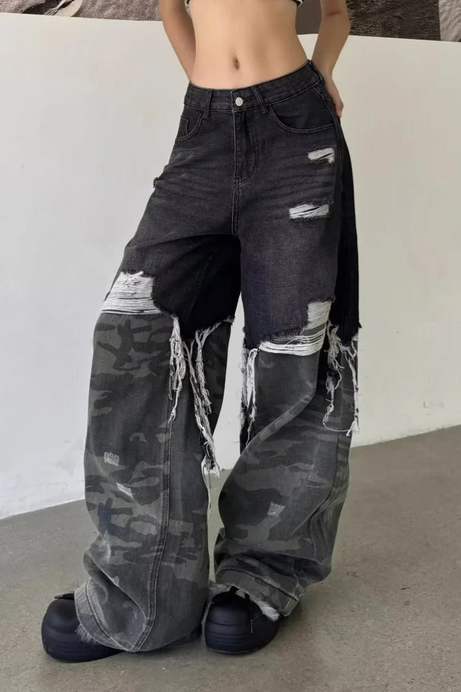 Camouflage Patchwork Baggy Wide-Leg Jeans