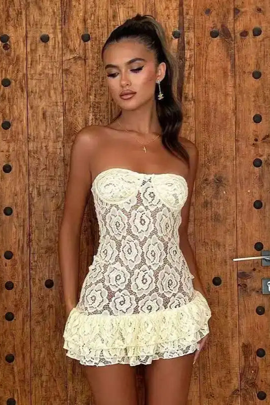 Lace Strapless Bustier Layered Ruffle Hem Mini Dress