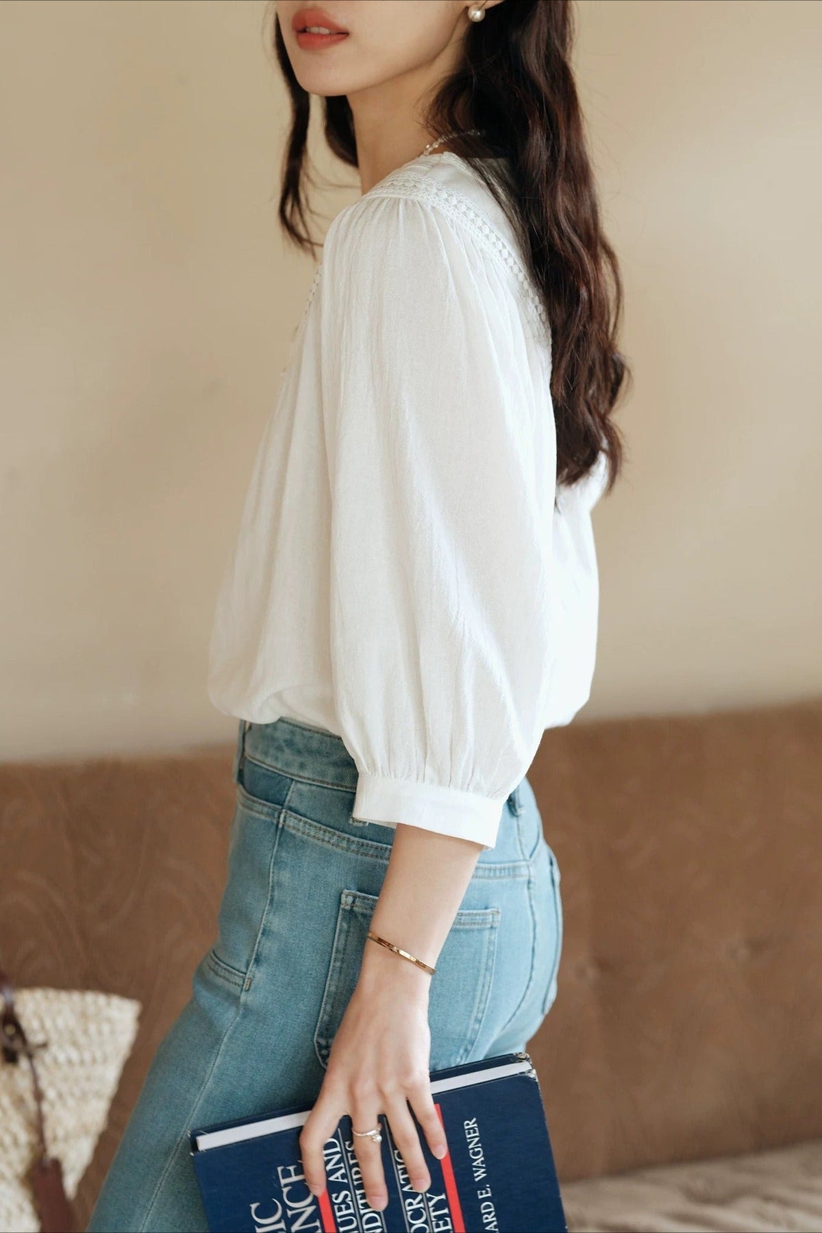 V-Neck Lace Trim Three Quarter Puff Sleeve Button Front Blouse 4