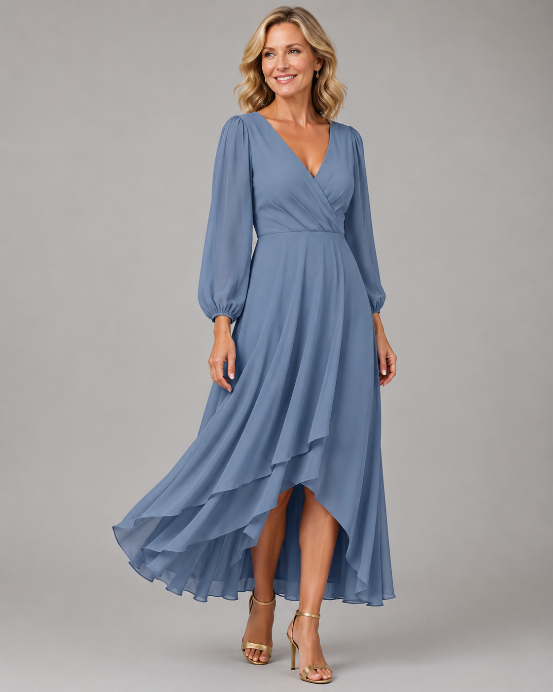 Wrap V-Neck Long Sleeve High Low Chiffon Midi Dress