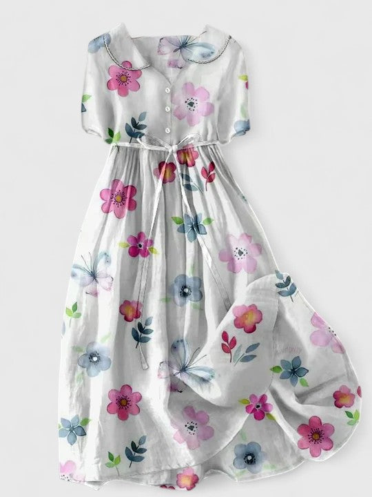 Floral Print Peter Pan Collar Short Sleeve Belted Maxi Dress