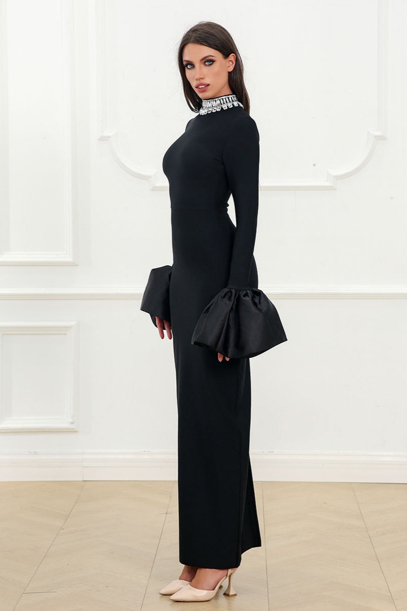Rhinestone High Neck Puff Sleeve Bodycon Maxi Dress