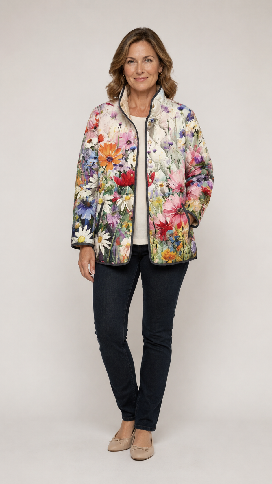 Floral Print Stand Collar Quilted Jacket