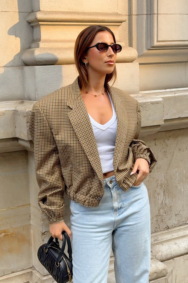 Houndstooth Check Padded Shoulder Banded Hem Cropped Blazer Jacket 2