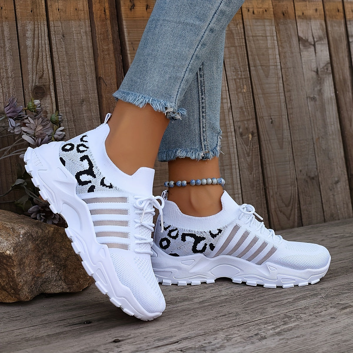 Lace Up Leopard Print Knit Chunky Sneakers