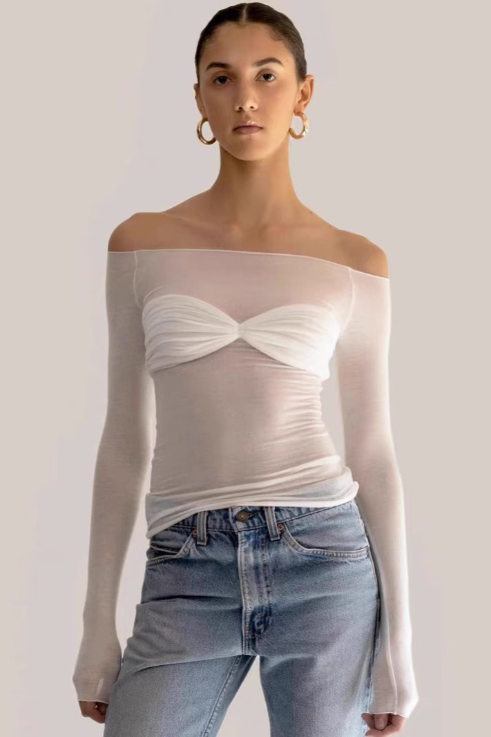 Sheer Ruched Faux TwoPiece Off Shoulder Crop Top