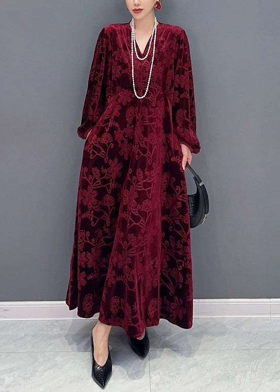 Floral Burnout Velvet Deep V-Neck Bishop Sleeve Empire Waist Maxi Dress