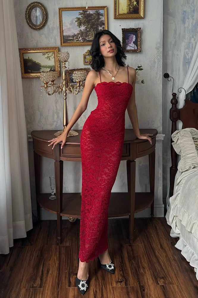 Lace Square Neck Spaghetti Strap Bodycon Maxi Dress