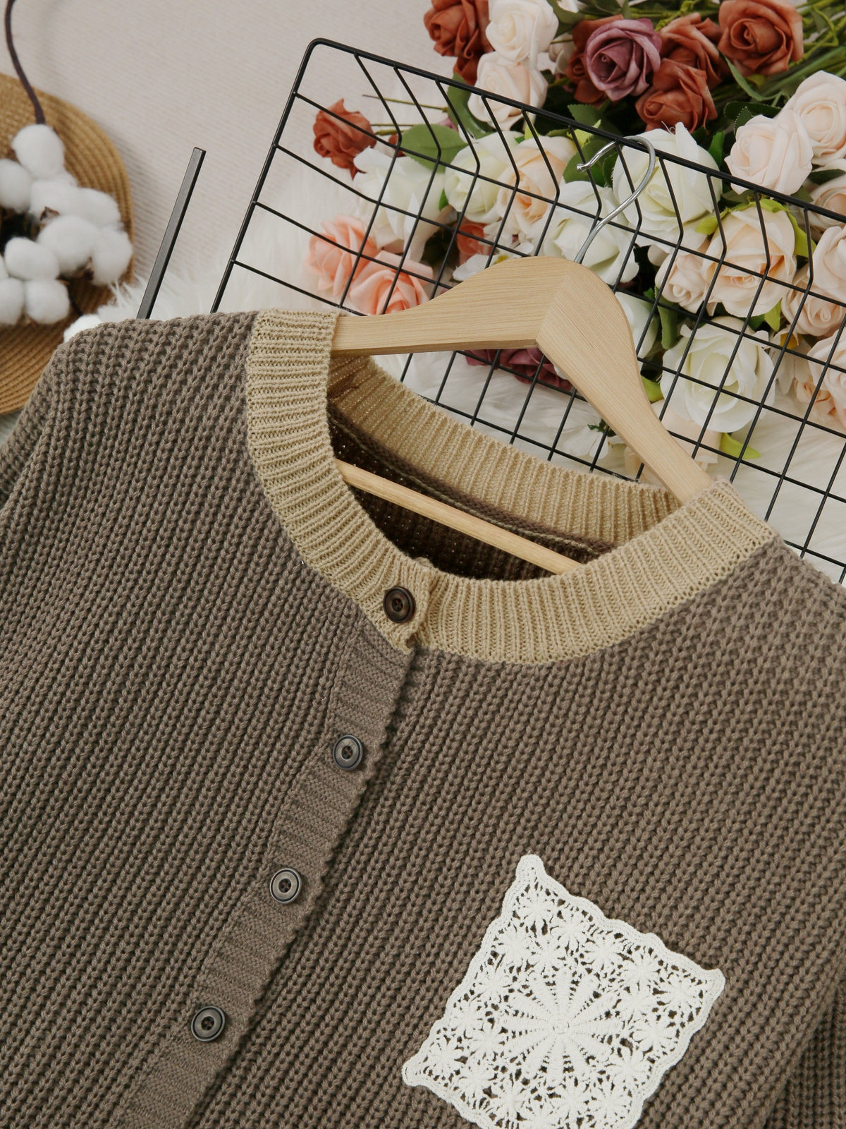 Round Neck Button Front Crochet Pocket Chunky Knit Cardigan