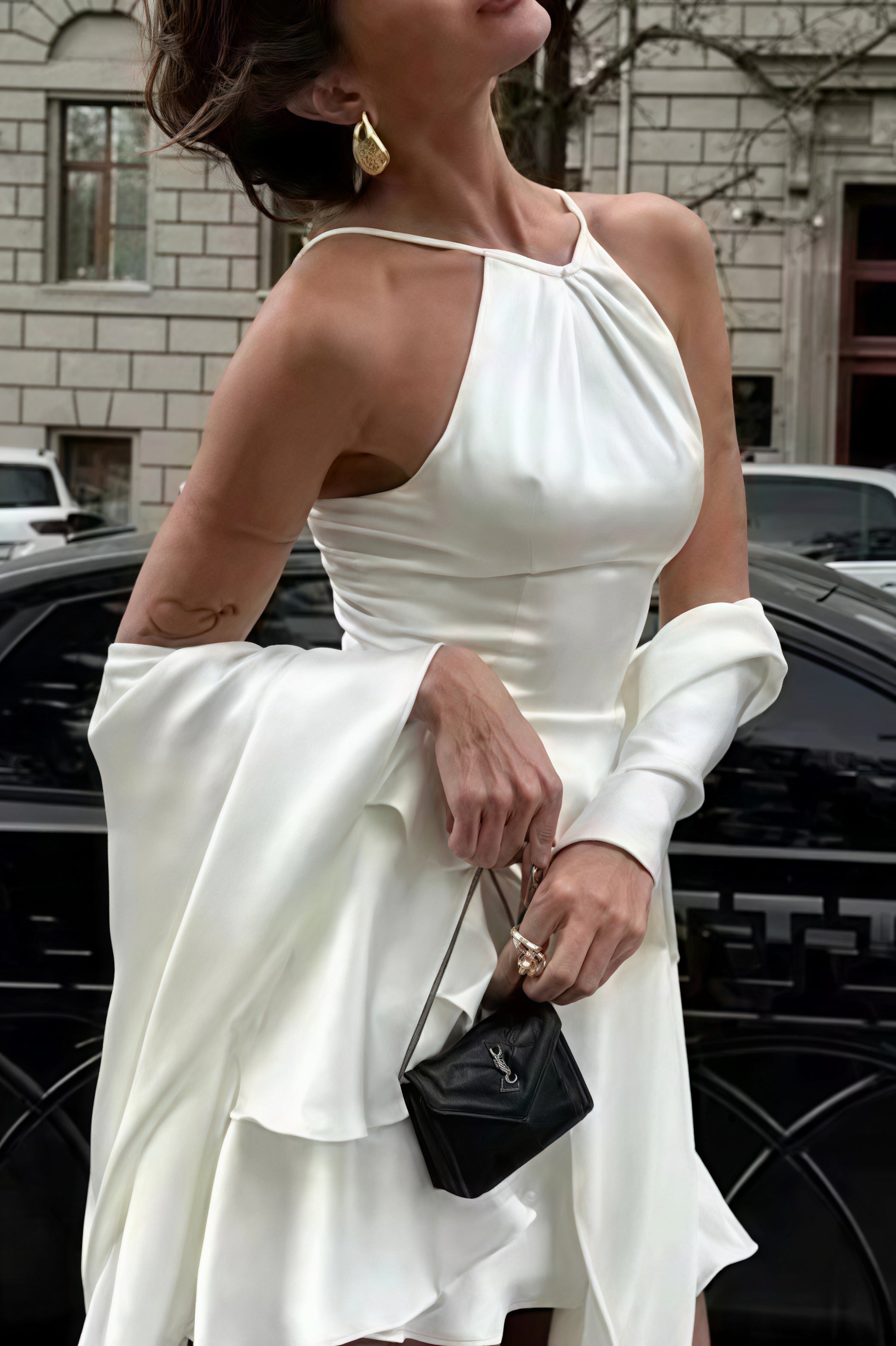 Satin Cape Ruffle Hem Mini Dress - View 4