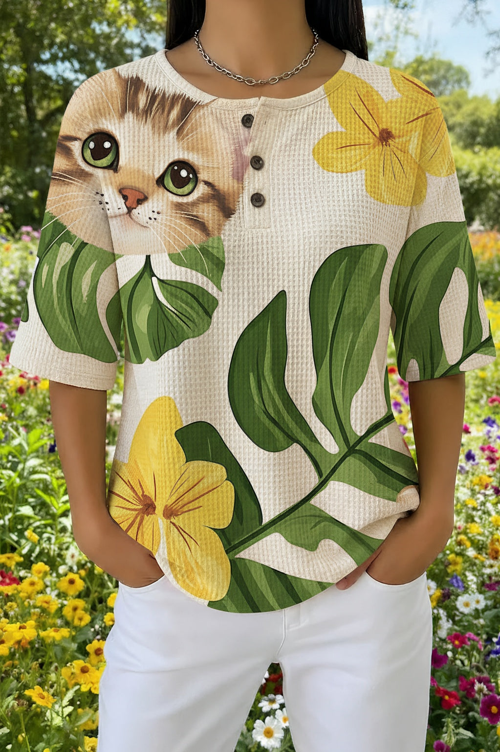 Womens White Tropical Leaf Cat Print Casual Shirt