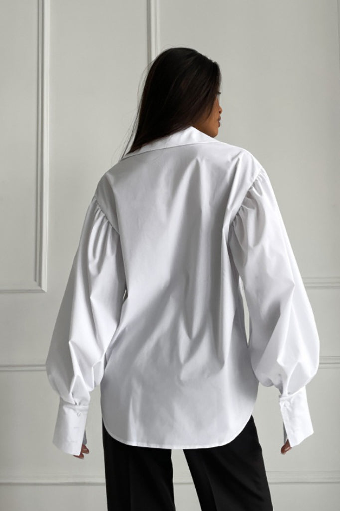 Collared Balloon Sleeve Curved Hem Oversized Button Front Shirt 3