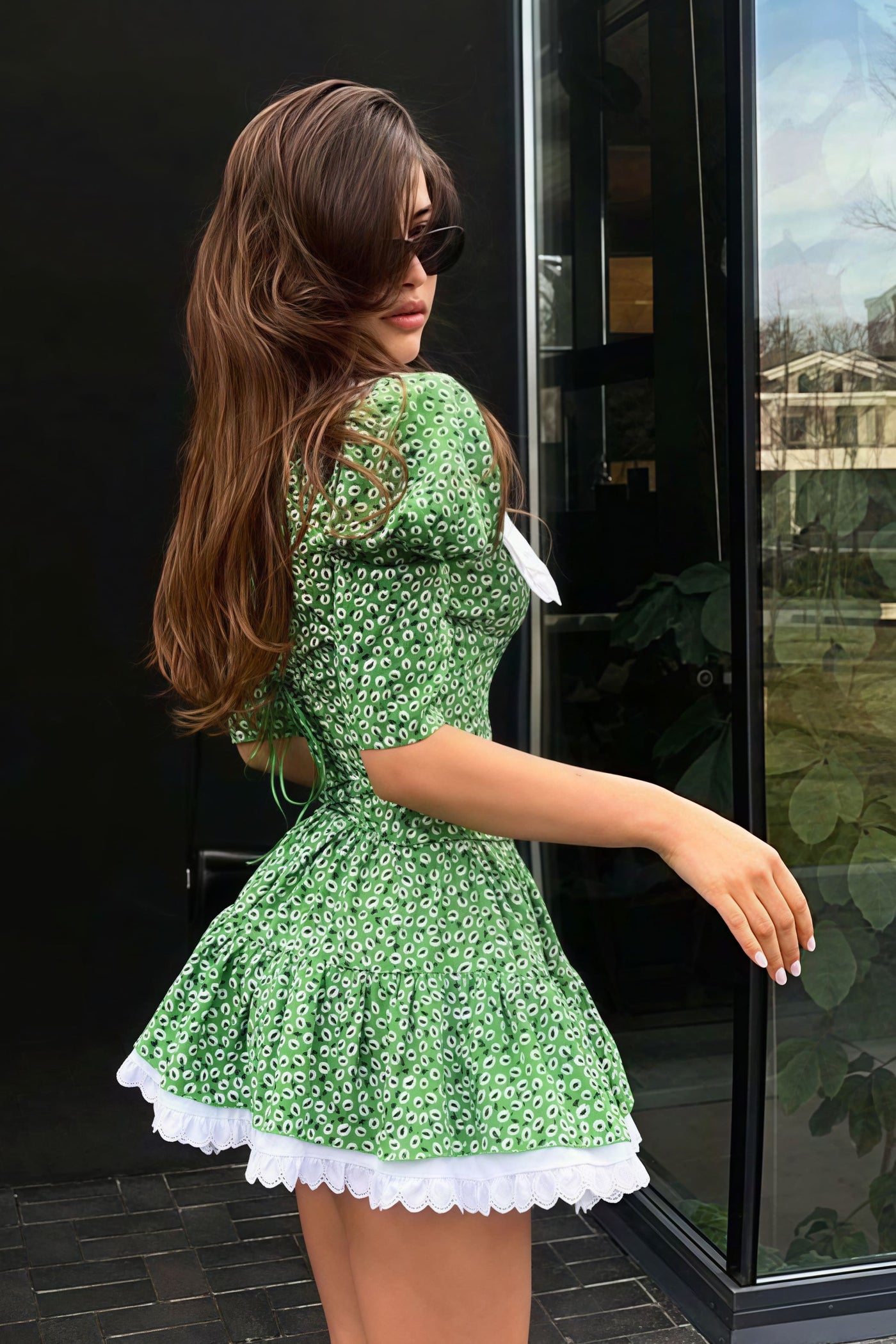 Floral Peter Pan Collar Short Sleeve Tiered Lace Trim Mini Dress 9